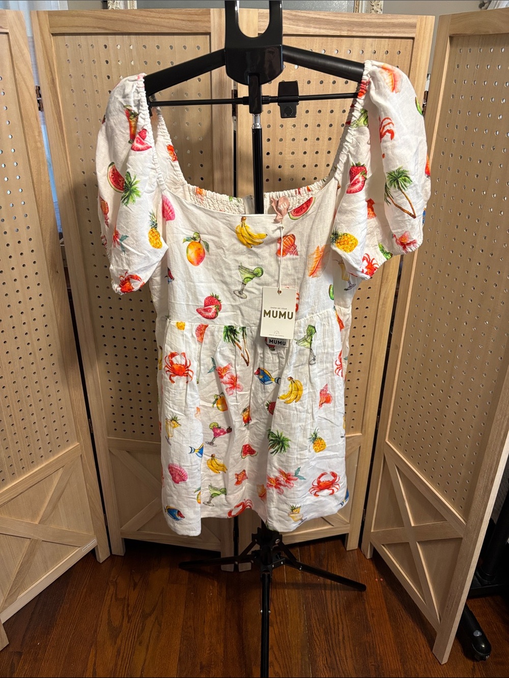 Show Me Your MuMu linen/cottonWhite Tropical Fruit & Sea Print Puff Sleeve Dress